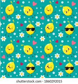 Seamless pattern with happy lemon Design for kids with smiling lemon. Wrapping or scapbook paper with cartoon fruit, nursery pattern vector illustration