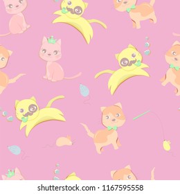 Seamless pattern of happy little cat in different acting in pink color background.Cute character design. Cartoon vector illustration.Using as background or wallpaper  