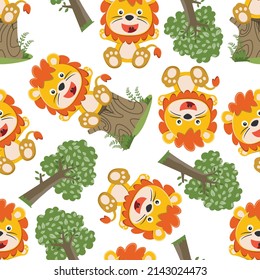 Seamless pattern of Happy little lion in a sitting position on a tree stump, funny animal cartoon. Creative vector childish background for fabric textile, nursery wallpaper, and other decoration.