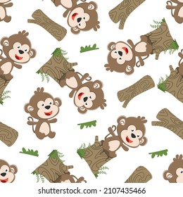 Seamless pattern of a happy little monkey in a sitting position on a tree stump, Creative vector childish background for fabric textile, nursery wallpaper, poster, brochure. and other decoration.