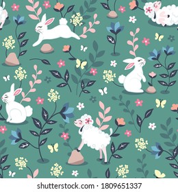 Seamless pattern with happy little white bunnies and sheep in a colorful flower field on a green blue background. Surface repeating vector design perfect for children's apparel and nursery decoration.