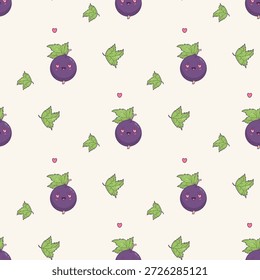 Seamless Pattern with Happy Loving Currant Berry. Cute Happy Kawaii Cartoon Blackcurrant Character on White Background Leaves. Love Mascot for Holiday Valentines Day Design. Vector illustration Not AI