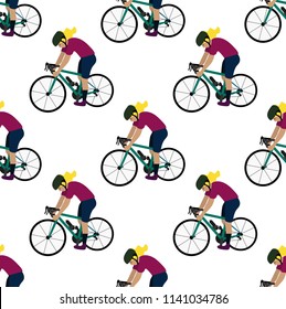 Seamless pattern, Happy man riding a bicycle. Vector illustration