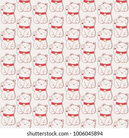 Seamless pattern, happy maneki neko cat, hand drawn overlapping backdrop. Colorful background vector. Set of japanese symbols of good luck and prosperity. Decorative illustration, lucky cats with paws