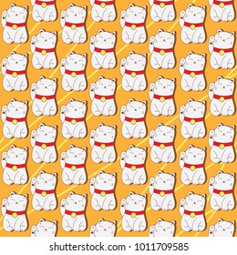 Seamless pattern, happy maneki neko cat, hand drawn overlapping backdrop. Colorful background vector. Set of japanese symbols of good luck and prosperity. Decorative illustration, lucky cats with paws