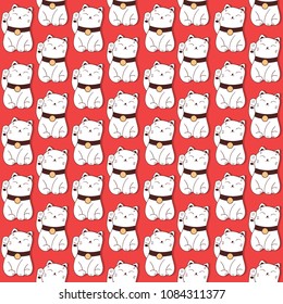 Seamless pattern, happy maneki neko cat, hand drawn overlapping backdrop. Colorful background vector. Set of japanese symbols of good luck and prosperity. Decorative illustration, lucky cats with paws