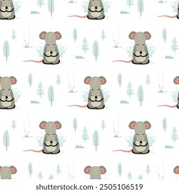 Seamless pattern with happy mouse in hatha yoga pose. Texture with cute rat doing lotus yoga pose and meditation. Wild animal fitness, workout, wallpaper background, template. flat vector illustration