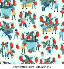 Seamless pattern with happy multiracial people holding giant strawberries, berries on green background in trendy flat style. Concept of harvesting, agritourism, healthy eating, veganism