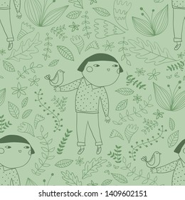 seamless pattern of a happy nature girl with a bird on her hand, hand drawn vector outlines in green with lime green background for concepte and other projects