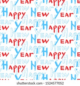 Seamless pattern of Happy New Year calligraphy. Blue and red phrase in trendy style. Vector illustration of winter symbols on a white background.
