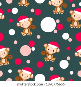 Seamless pattern. Happy New Year. Cartoon baby monkey in red Christmas hat. White, red and blue confetti. Tidewater green background. Post cards, wallpaper, textile, scrapbooking and wrapping paper