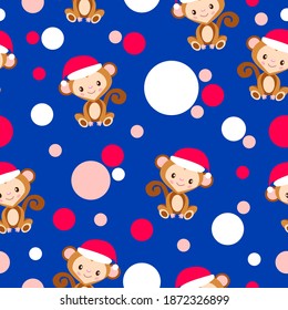 Seamless pattern. Happy New Year. Cartoon baby monkey in red Christmas hat. White, red and blue confetti. Classic blue background. Post cards, wallpaper, textile, scrapbooking and wrapping paper