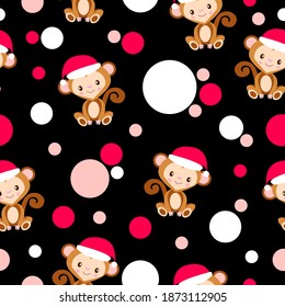 Seamless pattern. Happy New Year. Cartoon baby monkey in red Christmas hat. White, red and blue confetti. Black background. Post cards, wallpaper, textile, scrapbooking and wrapping paper
