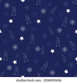 Patrón sin foco. Feliz Año Nuevo y Feliz Navidad. Estrella gris, copas de champán y botellas y copo de nieve. Sobre fondo azul oscuro. Ilustración de diseño abstracto de arte plano. EPS10 vectores.