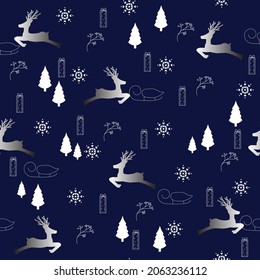 Seamless Pattern. Happy New Year and Merry Christmas concept. Cartoon reindeer, poinsettia, holly, Christmas gift and sleigh on dark blue background. Festival of celebrations. For making gift wrapping