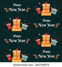 Seamless Pattern Of Happy New Year Font With Gift Boxes And Confetti On Green Background.