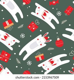 Seamless pattern with a happy New year print. Christmas bunny in Santa hat and gifts, Christmas toys, snowflakes, candy. Vector graphics.