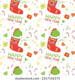 Seamless pattern. Happy New Year Design, cartoon dragon in red Christmas sock. Stars, presents, hearts and sweets. On white background. Ready for fabrics and wrapping papper.