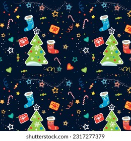 Seamless pattern. Happy New Year Design, cartoon Christmas tree and sock. Stars, presents, hearts and sweets. On dark background. Ready for fabrics and wrapping papper.