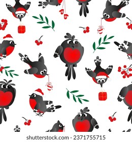 Seamless pattern. Happy new year and Merry Christmas with cute, funny bullfinches. Vector illustration EPS10.