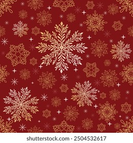 Seamless pattern, Happy New Year, a festive red Christmas background decorated with seamless Golden snowflakes and a winter holiday theme.