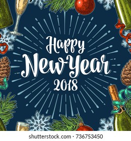 Seamless pattern with Happy New Year 2018 calligraphy lettering with salute. Champagne glass, bottle, serpentine, snowflake, pine cone, toy, fir branch. Vector vintage illustration on dark blue fond