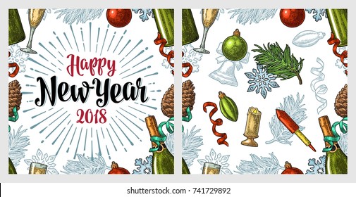 Seamless pattern with Happy New Year 2018 calligraphy lettering with salute. Champagne glass, bottle, serpentine, snowflake, pine cone, toy, fir branch. Vector vintage illustration on white background