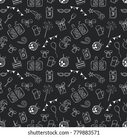 seamless pattern of happy new year icons with doodle art on chalkboard background
