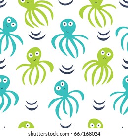 Seamless pattern with happy octopuses.