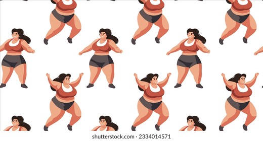 Seamless pattern with happy overweight woman doing exercises doing sports, vector illustration