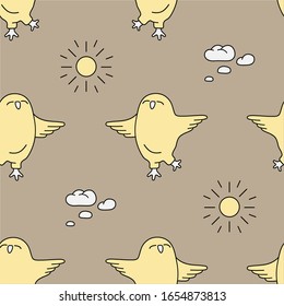 Seamless pattern with happy owls flying in the sky. Vector illustration. For children fabric, wrapping paper, wallpaper and cloth. In beige, yellow, white color. 