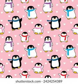 Seamless Pattern with Happy Penguin and Heart Design on Pink Background