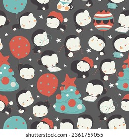 Seamless Pattern with Happy Penguins Characters celebrate New Year, decorate Xmas Tree and give Gifts