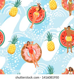 Seamless pattern with happy people floating on inflatable ring and abstract element. Summer rest and vacation collage. Trendy texture for textile, wrapping paper etc. Vector illustration.