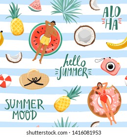 Seamless pattern with happy people floating on swim ring, fruits, leaves and lettering compositions. Summer rest and vacation collage. Trendy texture for textile, wrapping paper etc. Vector.