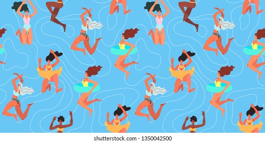 Seamless pattern with happy people jumping into a pool or a sea. Vector illustration of diverse women in colorful swimsuits. Summer theme.