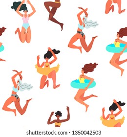 Seamless pattern with happy people jumping into a pool or a sea. Vector illustration of diverse women in colorful swimsuits. Summer theme.