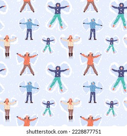 Seamless pattern with Happy People Making Snow Angel. Vector in cartoon style. 