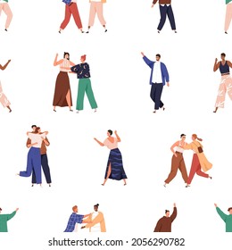 Seamless pattern with happy people on white background. Endless repeating texture design with friends greeting, meeting and hugging each other outdoors. Colored flat vector illustration for printing