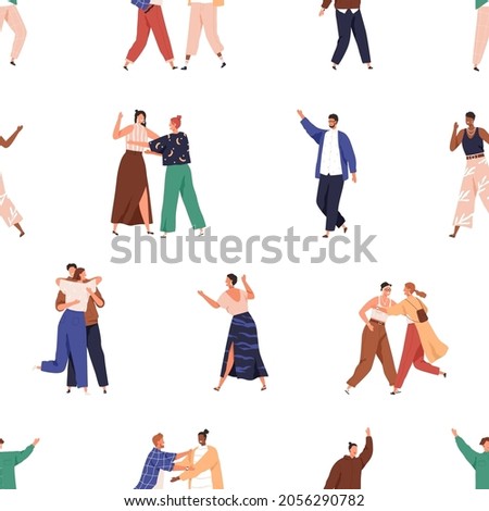Seamless pattern with happy people on white background. Endless repeating texture design with friends greeting, meeting and hugging each other outdoors. Colored flat vector illustration for printing