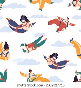 Seamless pattern with happy people skydiving in sky. Repeatable texture of free fall on white background for printing. Colored flat vector illustration of skydivers falling and flying in clouds