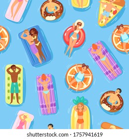 Seamless pattern, happy people and swimming on water, empty printable template, summer beach, design, cartoon vector illustration. Men, women and children have rest on vacation, time will relax well.