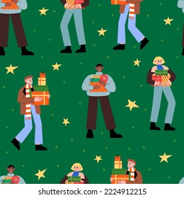 Nahtloses Muster mit glücklichen Menschen, die mit Geschenkbox laufen. Weihnachtsfeiertag, Vektorhintergrund mit Männern und Frauen, die Weihnachtsgeschenke und Neues Jahr vorbereiten