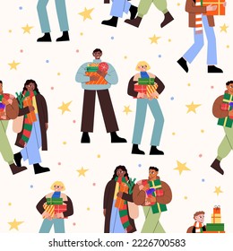 Seamless pattern with happy people walking with gift boxes. Christmas holiday vector background with men and women preparing presents for christmas and new year