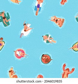 Patrón sin foco con gente feliz en agua sobre anillos de caucho en verano. Un fondo infinito y repetible con hombres y mujeres flotando y nadando en la piscina, vista superior. Ilustración vectorial plana para impresión