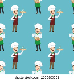 Seamless pattern with happy pizza chef. Pizza makers, texture background. Wallpaper template. Traditional Italian food dish. Pizzeria workers in uniform. flat vector illustration