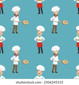 Seamless pattern with happy pizza chef. Pizza makers, texture background. Wallpaper template. Traditional Italian food dish. Pizzeria workers in uniform. flat vector illustration