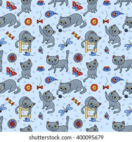 Seamless pattern with the happy playing grey cats. Vector cartoon background for children.