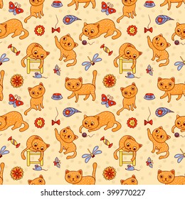 Seamless pattern with the happy playing red cats. Vector cartoon background for children.