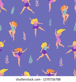Seamless pattern with happy plus size women and leaves on violet background. Body positive girls. Vector illustration, cartoon flat style.